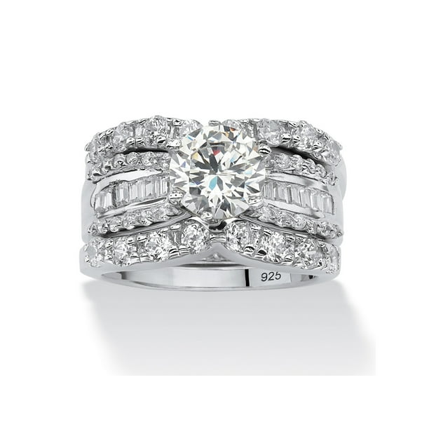 Platinum over Sterling Silver Cushion Cut Cubic Zirconia Vintage Clover Motif Bridal Ring Set